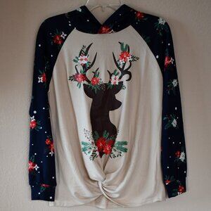 Tru Self Woman's Beige Holiday Stag Long Sleeve Front Knot Hooded Shirt Top Sz S